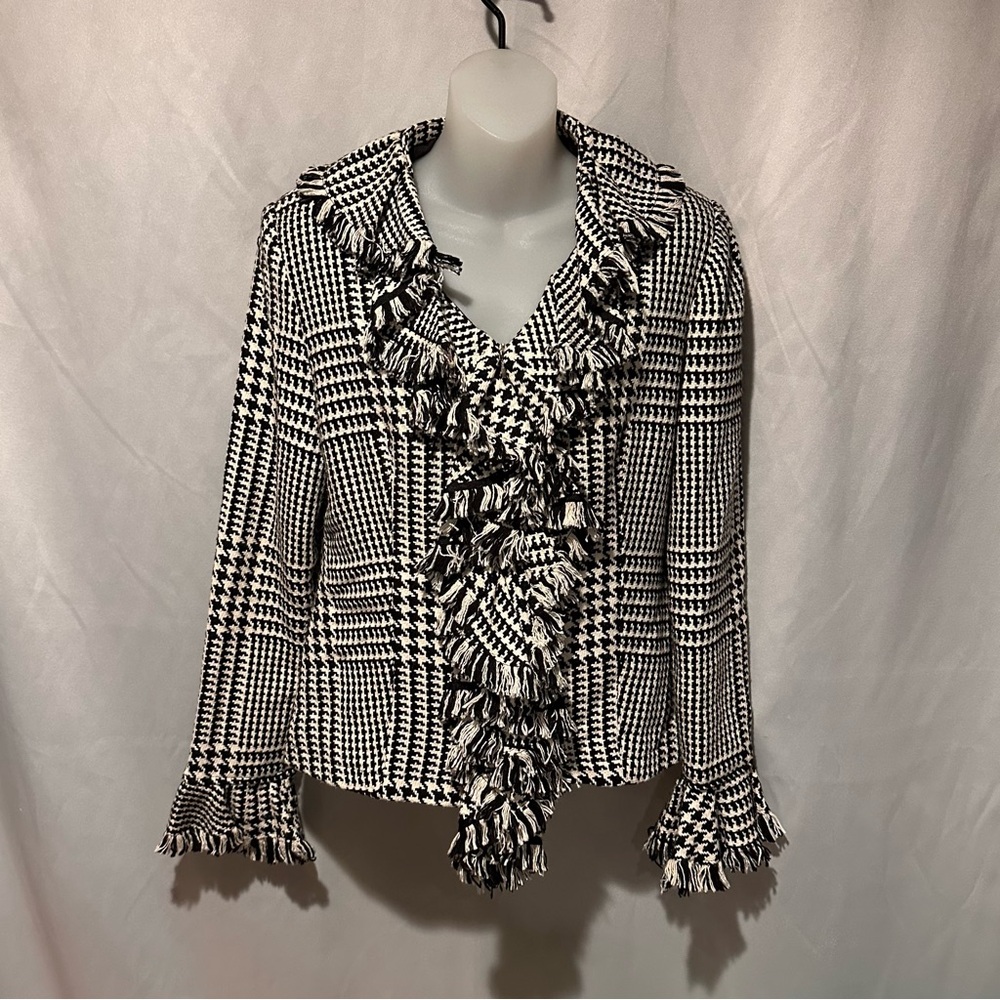 Black and White Houndstooth Blazer Fringe Trim Bell Sleeves Size 6